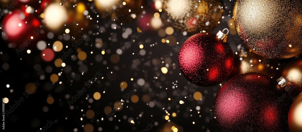 Aufkleber sparkling gold and red christmas ornaments on a dark background with festive bokeh creating a warm h