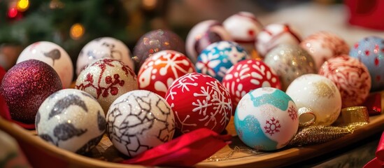 Colorful Christmas ornaments arranged beautifully on a festive tray ready to enhance holiday celebrations and gift giving