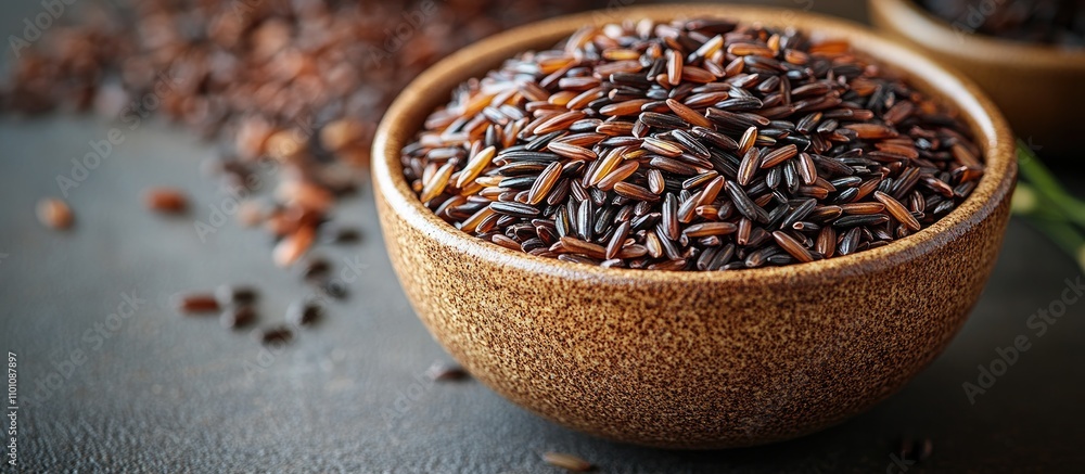 Poster wild rice blend in ceramic bowl against isolated background close-up emphasizing texture and color w