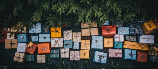 Fototapeta premium Vibrant collection of beautifully wrapped gifts arranged under a tree ready for celebration and anticipation of joyful moments