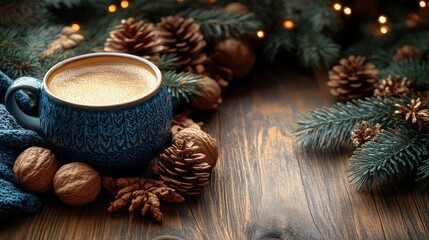 Cozy winter flat lay with a mug on a wooden table surrounded by pinecones and greenery ideal for seasonal text or promotional use