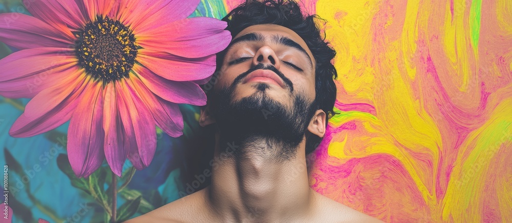 Poster man with a flower in a vibrant background showcasing beauty and tranquility in a colorful artistic s