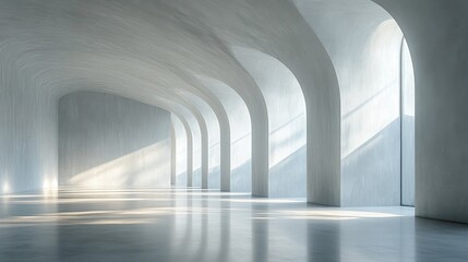 Fototapeta premium Spacious modern interior with arched walls featuring soft light and a serene ambiance, ideal for artistic or architectural concepts.