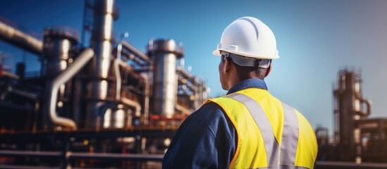 Industrial engineer in safety gear observing operations at a petroleum refinery during a sunny day in a modern petrochemical facility.