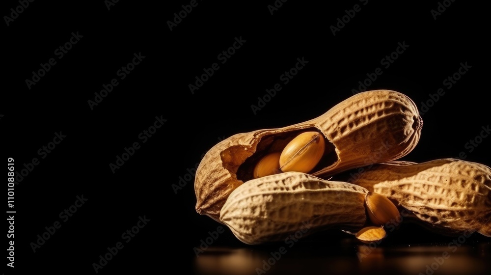 Poster peanuts in shell close up on black background with ample space for text advertising or product promo