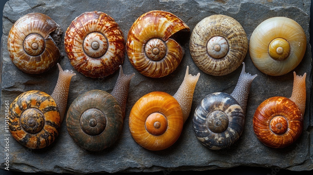 Poster fossils of ancient snails from the middle ordovician period displayed on a stone surface showcasing 