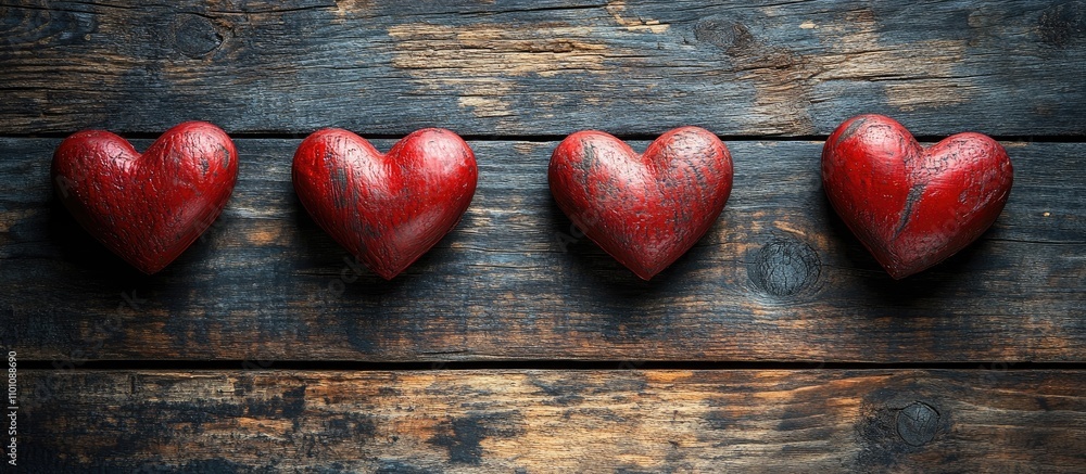 Poster red wooden hearts arranged on a rustic wooden surface creating a romantic and warm atmosphere for va