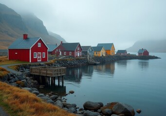 Fototapeta premium Colorful fishing village along a tranquil coast surrounded by misty mountains
