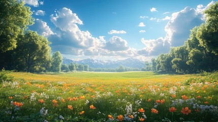 Obraz premium Lutley Fields vibrant meadow under blue sky with flowers and mountains in the background on a bright sunny day
