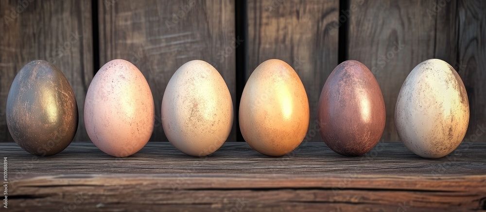 Poster easter eggs in various colors displayed on rustic wooden planks creating a charming festive spring s