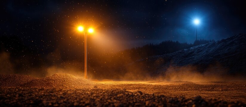 Portable LED light tower with four spotlights illuminating a mining site at night showcasing functionality and versatility in outdoor environments