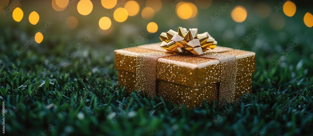 Aufkleber golden gift box with a bow on grass surrounded by soft bokeh lights creating a festive and cheerful 