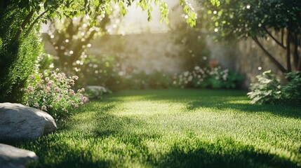 Obraz premium Sunlit garden scene featuring vibrant green lawn, blooming flowers, and soft sunlight filtering through lush foliage, creating a serene outdoor atmosphere.