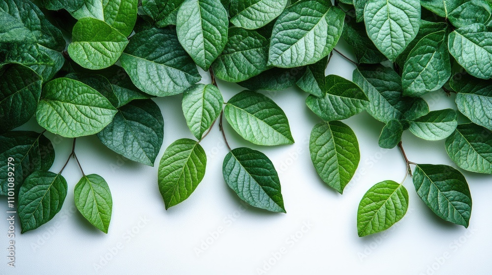 Poster fresh green leaves arranged on a white background creating a serene and natural aesthetic with ample