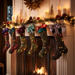 Fully Bright Holiday Stockings Hanging on a Festive Fireplace