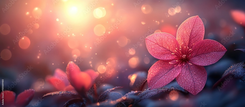 Poster purple floral background with sparkling bokeh and soft light creating a romantic greeting card or in