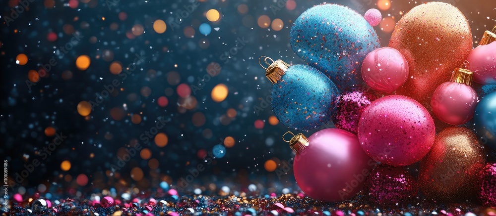 Poster vibrant christmas ornaments with shimmering bokeh lights and space for text capturing the festive sp