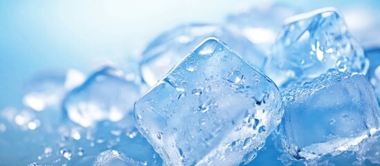 Obraz premium Crystalline ice cubes on a soft blue backdrop reflecting winter freshness and seasonal beauty