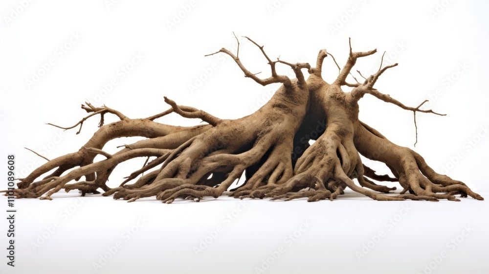 Poster ancient tree roots displayed on a white backdrop showcasing intricate textures and natural forms for