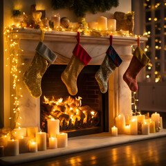 Fully Bright Holiday Stockings Hanging on a Festive Fireplace