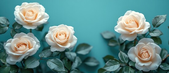 Celebratory banner featuring delicate white roses on blue background with ample space for personalized text and messages of congratulations