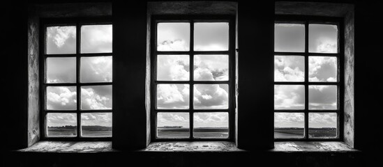 Naklejka premium Three rustic windows framing a dramatic black and white sky with clouds and distant landscape view.