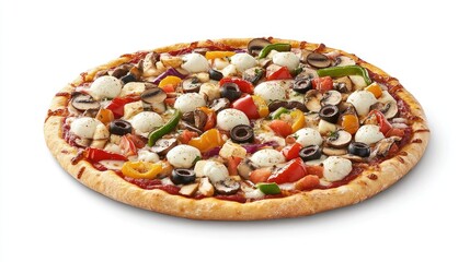 Delicious vegetarian pizza topped with fresh mushrooms, vibrant tomatoes, creamy mozzarella, colorful peppers, and black olives on a classic crust.