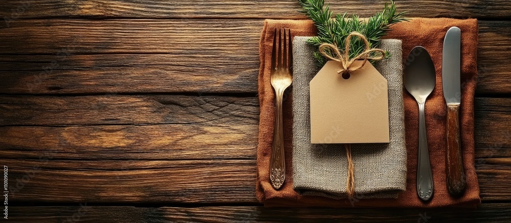 Poster elegant table setting with cutlery and blank tag on linen napkin surrounded by rustic wooden backgro