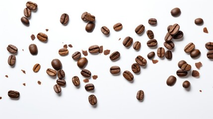 Naklejka premium Falling roasted coffee beans scattered on a clean white background showcasing their rich texture and color