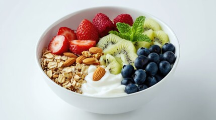 Colorful bowl of nutritious muesli topped with yogurt, fresh strawberries, blueberries, kiwi, raspberries, mint leaves, and almonds, perfect for a healthy breakfast.