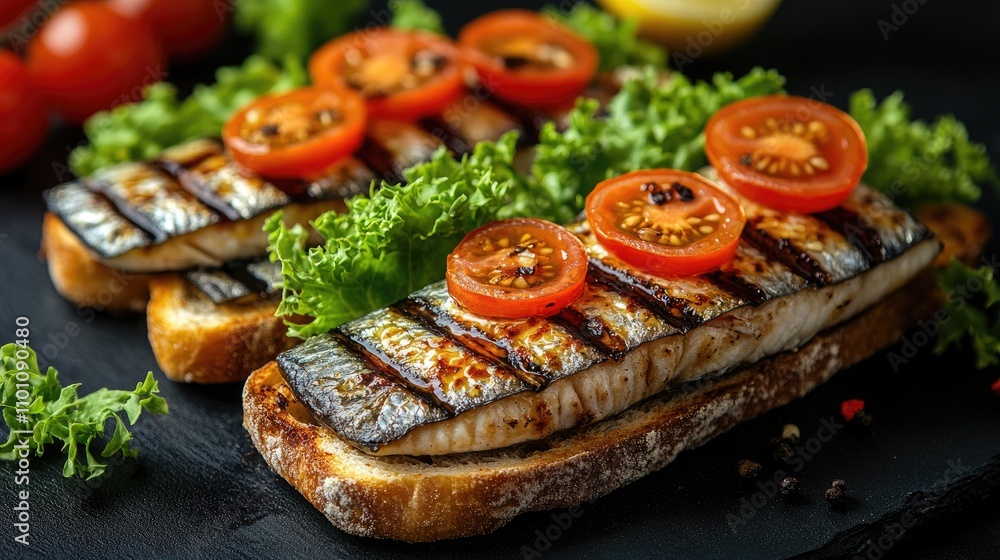 Poster Grilled sardines with tomato and lettuce on buttered toast served on a dark slate background for a vibrant culinary presentation