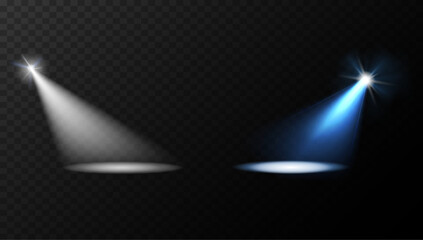 Spotlights set, stage and studio light, realistic lamps. Bright projector beams of blue and neutral colors.
