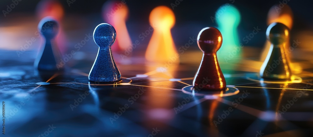 Poster colorful game pieces interconnected on a digital network background representing networking technolo