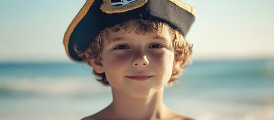 Playful boy at the beach wearing a captain's hat enjoying summer fun by the sea with soft waves and sunlight in the background