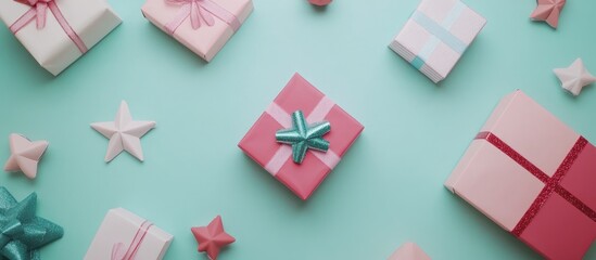 Festive Gift Arrangement Colorful Wrapped Boxes and Stars on Turquoise Background Aerial Perspective for Holiday Celebrations