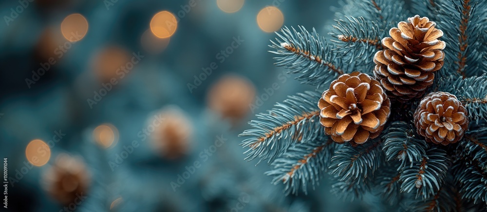 Aufkleber fir tree branches with pinecones and soft bokeh lights creating a serene evergreen holiday atmospher