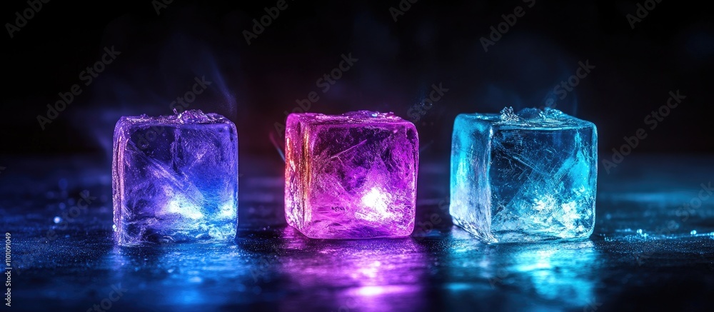 Poster vibrant rgb ice cubes glowing on a dark surface showcasing color theory and artistic concepts in a c