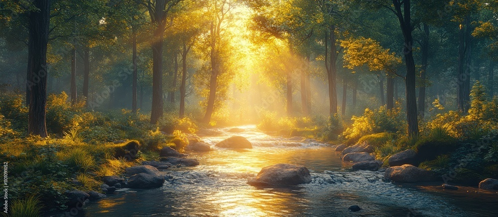 Aufkleber serene forest landscape with sunlight filtering through trees and reflecting in a calm stream during