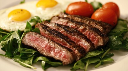 Skirt steak and eggs plated with fresh greens and cherry tomatoes for a healthy and hearty breakfast meal