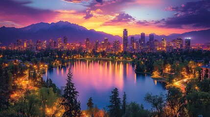 Obraz premium The stunning city skyline shines brightly, showcasing the architectural beauty and vibrant atmosphere of the urban environment, especially during twilight hours.