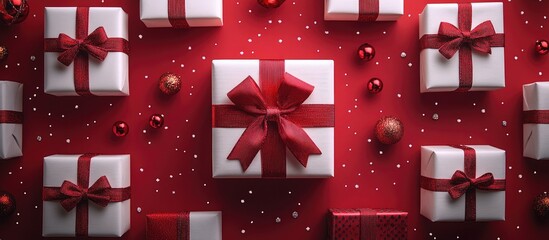 Obraz premium Festive red holiday background with a seamless pattern of white gift boxes adorned with red bows and decorations for a minimalist celebration theme
