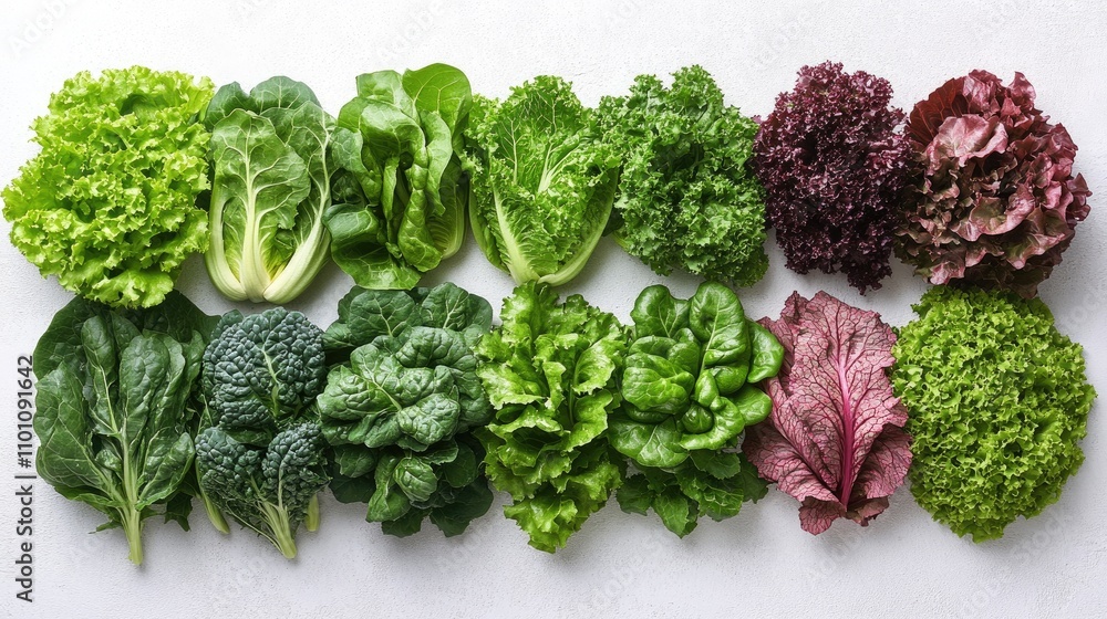 Poster lettuce varieties arranged in a row showcasing different colors and textures against a clean white b