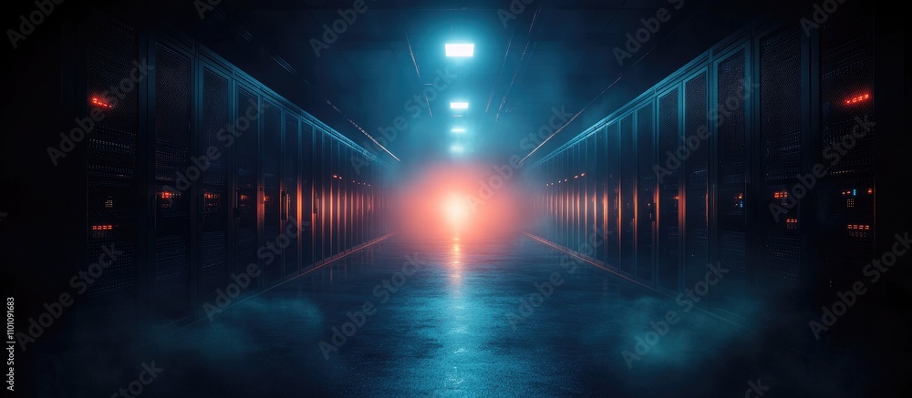 Poster futuristic data center corridor illuminated with blue and orange lights showcasing advanced technolo