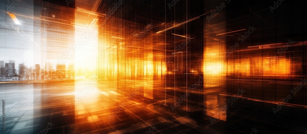 Poster dynamic multi-exposure of abstract office interior with orange light and skyline emphasizes technolo