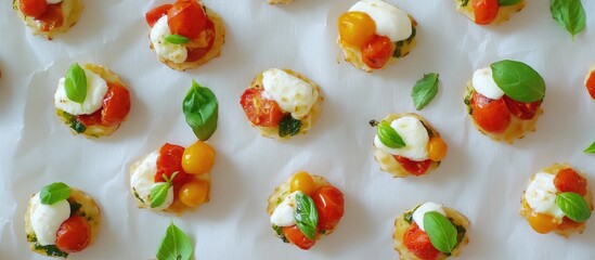 Vegetable pizza bites topped with mozzarella, fresh basil and tomatoes on white baking paper arranged in a close-up aerial view.