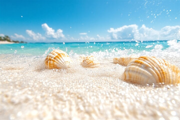 Obraz premium Crystal-clear turquoise water gently laps the shore, leaving seashells scattered on the pristine white sand of a tropical beach paradise, creating a serene and idyllic vacation scene
