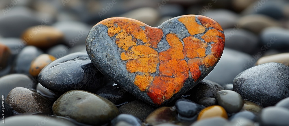 Poster heart-shaped stone with vibrant orange patterns resting on smooth pebbles in a tranquil natural sett