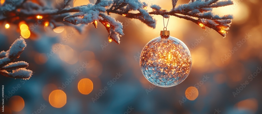 Poster christmas ornament hanging from frosted tree branches adorned with bokeh fairy lights creating a mag