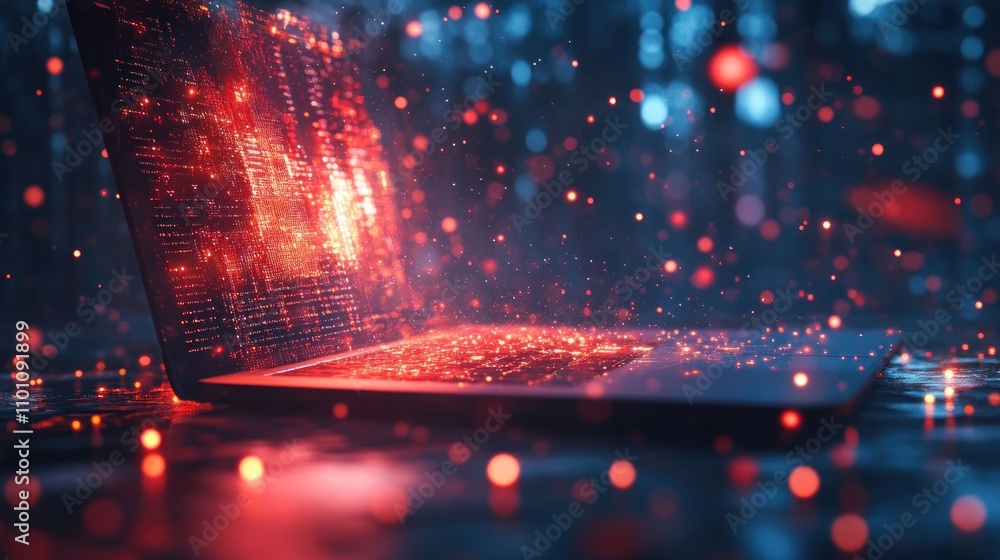 Aufkleber a laptop with glowing red code coming out of it against a dark background with red and blue bokeh li