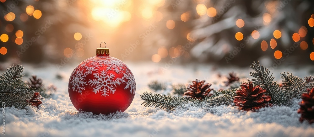 Poster red christmas ornament with snowflake design on snowy ground during sunset with pine cones and soft 